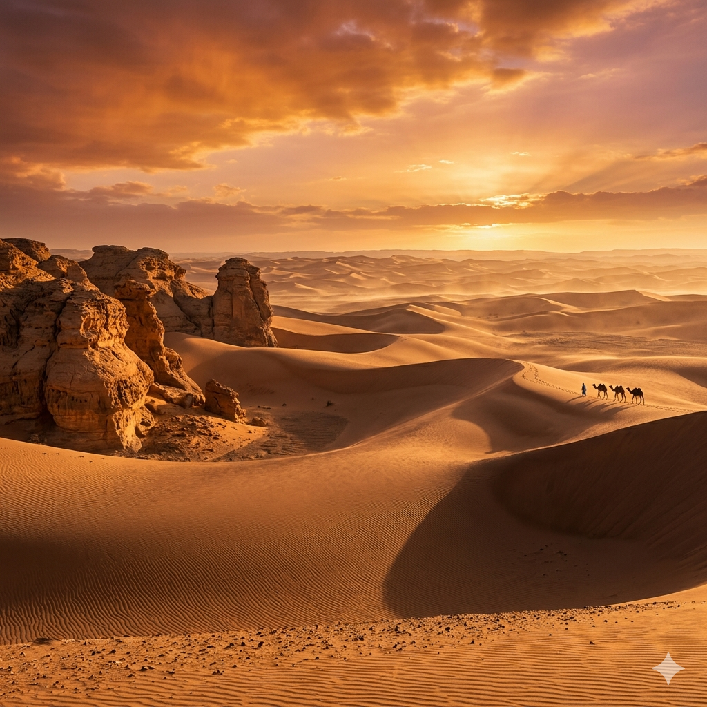 Photorealistic depiction of a vast, sweeping desert landscape with sculpted sand dunes stretching to the horizon under a blazing amber sky, heat mirages shimmering above the sun-baked earth, and ancient weathered rock formations. Rendered with absolute masterpiece, museum-quality, extraordinary attention to every minute detail, perfect composition following the golden ratio, award-winning, breathtaking atmosphere, sublime color grading. Rich atmospheric depth, masterful use of light and shadow, intricate environmental storytelling, immersive sense of scale and wonder. 1:1 square composition. --v 5 --q 2
